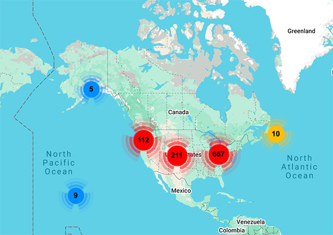 Global map showing Otis Elevator service coverage with emphasis on U.S., Canada, Puerto Rico, and Guam