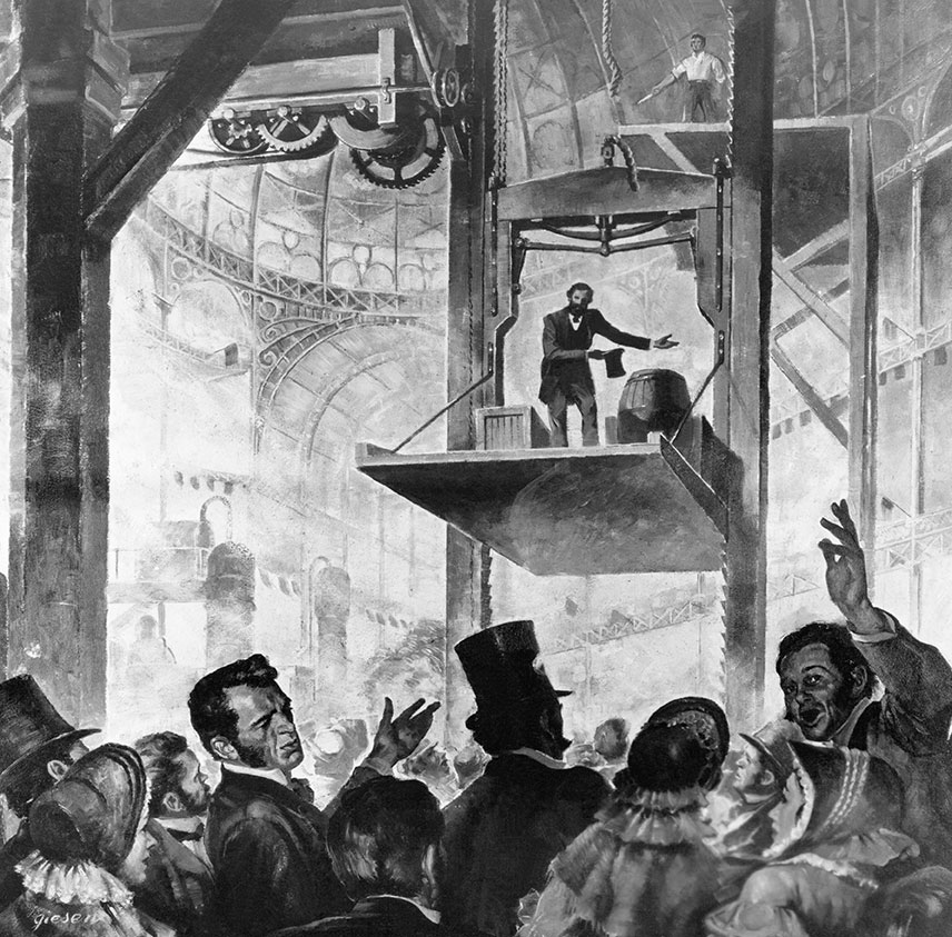 Historic illustration of early Otis elevators showing the company’s long history